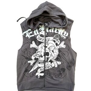 Ed Hardy Sleeveless Hoodie Mens Charcoal Skull Y2K Moto Streetwear